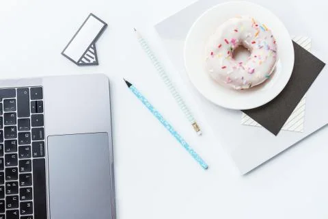 Flat lay, top view office table desk frame. Workspace with laptop, pencil, no Stock Photos