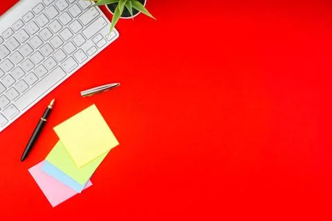 Flat lay, top view office table desk Stock Photos