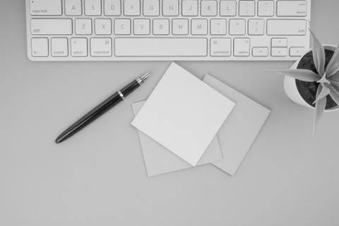 Flat lay, top view office table desk Stock Photos