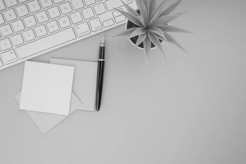 Flat lay, top view office table desk Stock Photos