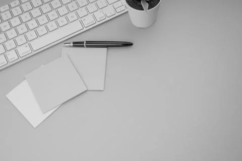 Flat lay, top view office table desk Stock Photos
