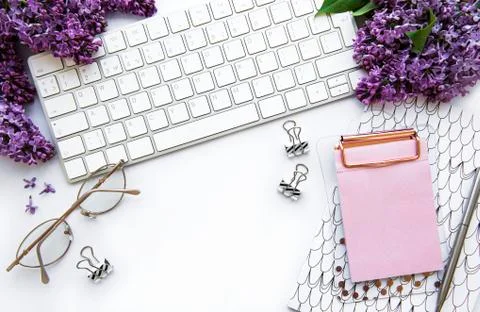 Flat lay, top view office table desk Stock Photos