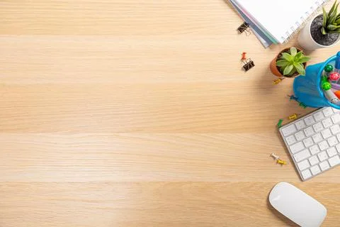 Flat lay top view office desk. Workspace with blank clip board, computer keyb Stock Photos