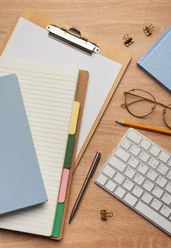 Flat lay, top view office table desk. Stock Photos