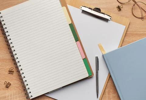 Flat lay, top view office table desk. Stock Photos