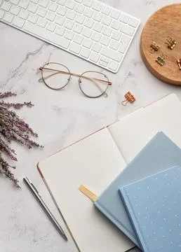 Flat lay, top view office table desk. Stock Photos