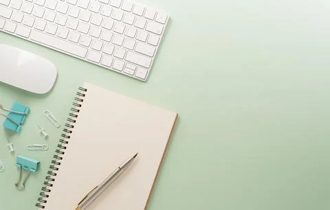 Flat lay, top view office table desk. Workspace with keyboard, office suppl.. Stock Photos