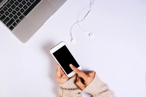 Flat lay, top view office table desk. Workspace background Stock Photos