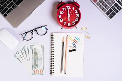 Flat lay, top view office table desk. Workspace background Stock Photos