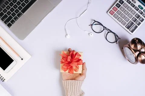Flat lay, top view office table desk. Workspace background Stock Photos