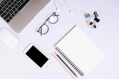 Flat lay, top view office table desk. Workspace background Stock Photos