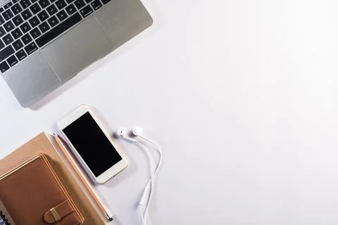 Flat lay, top view office table desk. Workspace background Stock Photos