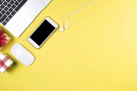 Flat lay, top view office table desk. Workspace background Stock Photos