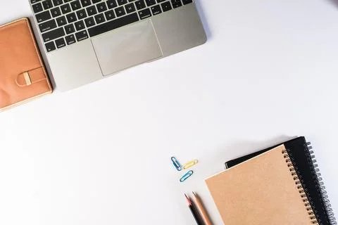 Flat lay, top view office table desk. Workspace background Stock Photos