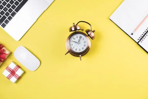Flat lay, top view office table desk. Workspace background Stock Photos