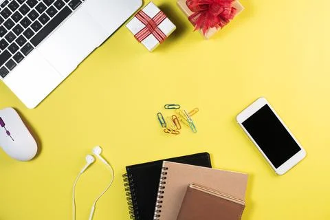 Flat lay, top view office table desk. Workspace background Stock Photos