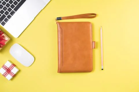 Flat lay, top view office table desk. Workspace background Stock Photos