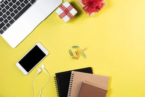 Flat lay, top view office table desk. Workspace background Stock Photos