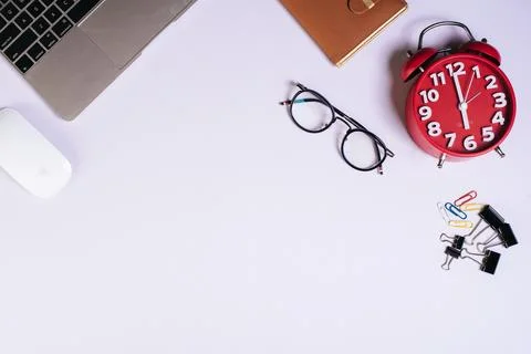 Flat lay, top view office table desk. Workspace background Stock Photos