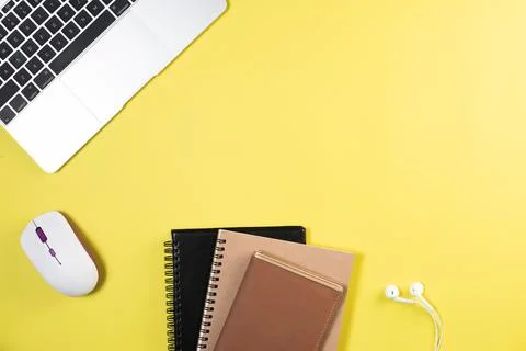 Flat lay, top view office table desk. Workspace background Stock Photos