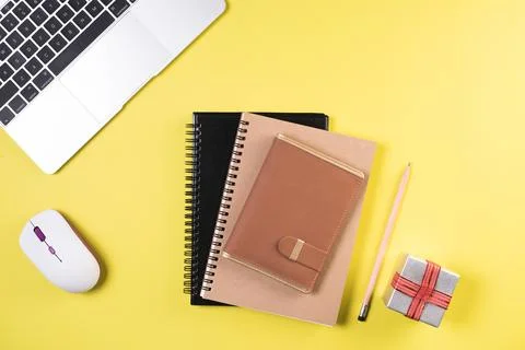 Flat lay, top view office table desk. Workspace background Stock Photos