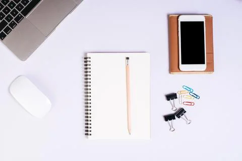 Flat lay, top view office table desk. Workspace background Stock Photos