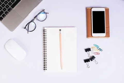 Flat lay, top view office table desk. Workspace background Stock Photos