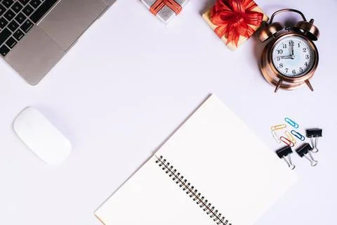 Flat lay, top view office table desk. Workspace background Stock Photos