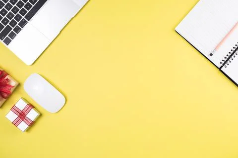 Flat lay, top view office table desk. Workspace background Stock Photos