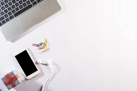 Flat lay, top view office table desk. Workspace background Stock Photos