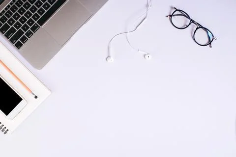Flat lay, top view office table desk. Workspace background Stock Photos