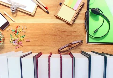 Flat lay, top view office table desk. Workspace with office equipments on w.. Stock Photos