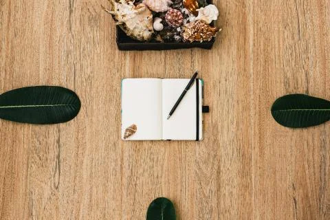 Flat lay, top view of an open white notebook with pen for writing cases for Stock Photos