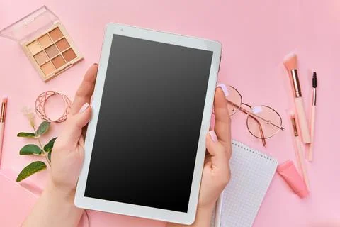 Flat lay, top view pink modern office table desk. Stock Photos