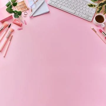Flat lay, top view pink modern office table desk. Stock Photos