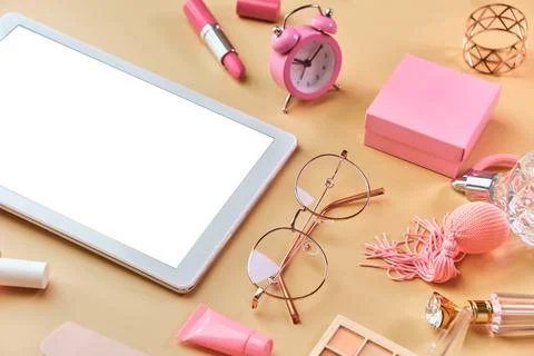 Flat lay, top view pink modern office table desk. Stock Photos