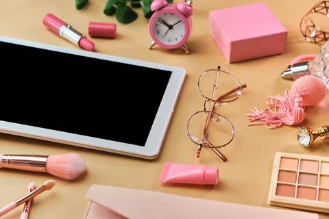 Flat lay, top view pink modern office table desk. Stock Photos
