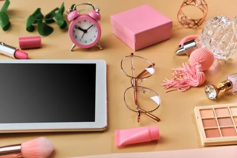 Flat lay, top view pink modern office table desk. Stock Photos