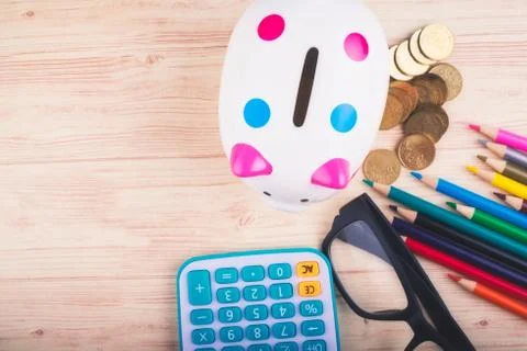 Flat lay top view shot, scattered home office workspace or desk concept with  Stock Photos