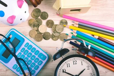 Flat lay top view shot, scattered home office workspace or desk concept with  Stock Photos