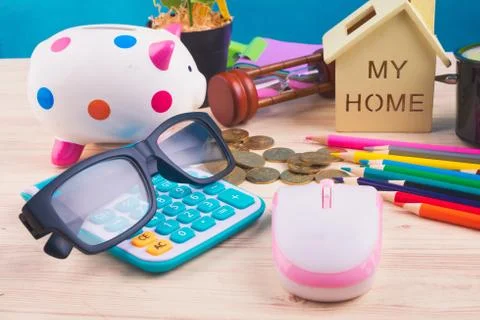 Flat lay top view shot, scattered home office workspace or desk concept with  写真素材