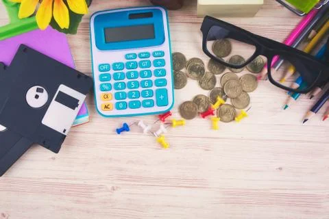Flat lay top view shot, scattered home office workspace or desk concept with  Stock Photos