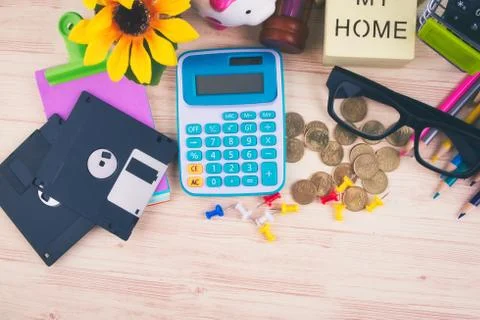 Flat lay top view shot, scattered home office workspace or desk concept with  Foto stock