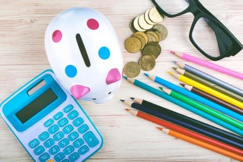 Flat lay top view shot, scattered home office workspace or desk concept with  Stock Photos