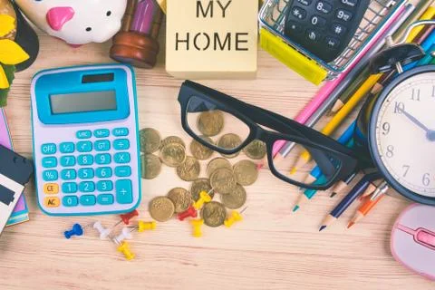 Flat lay top view shot, scattered home office workspace or desk concept with  Stock-Fotos