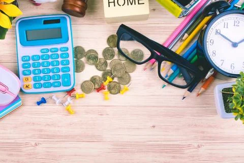 Flat lay top view shot, scattered home office workspace or desk concept with  Stock Photos