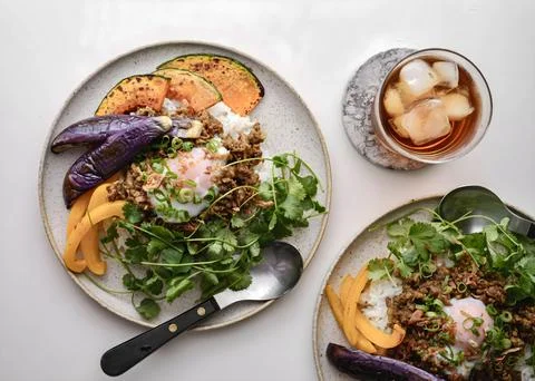 Flat Lay Top View of Two Keema Curry Bowls with Roasted Vegetables Stock Photos