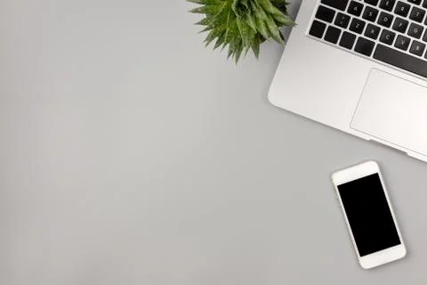 Flat lay, top view of working space, office desk. Workspace with laptop, smar Stock Photos
