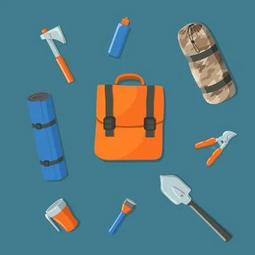 Flat lay of tourist items: backpack, axe, torch, sleeping bag, tools etc Stock Illustration