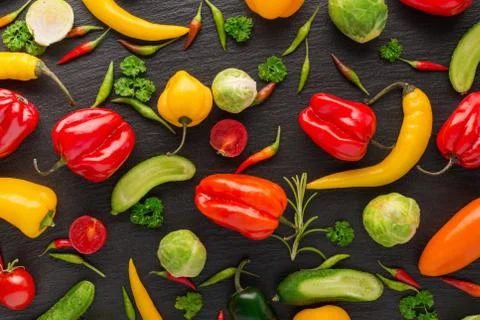 Flat lay of trendy seamless pattern with fresh vegetables like background on  Stock Photos